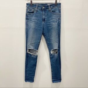 AG The Farrah Skinny Ankle High-Rise Jeans Blown Out Knee Raw Hem Size 28R
